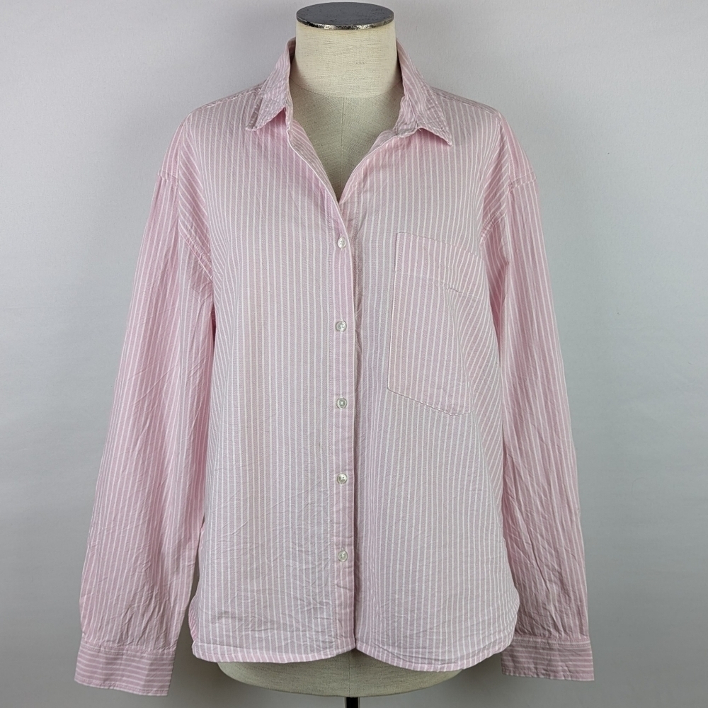 beachlunchlounge Cammi 100% Cotton Button Down Striped Pink Lace L NWT